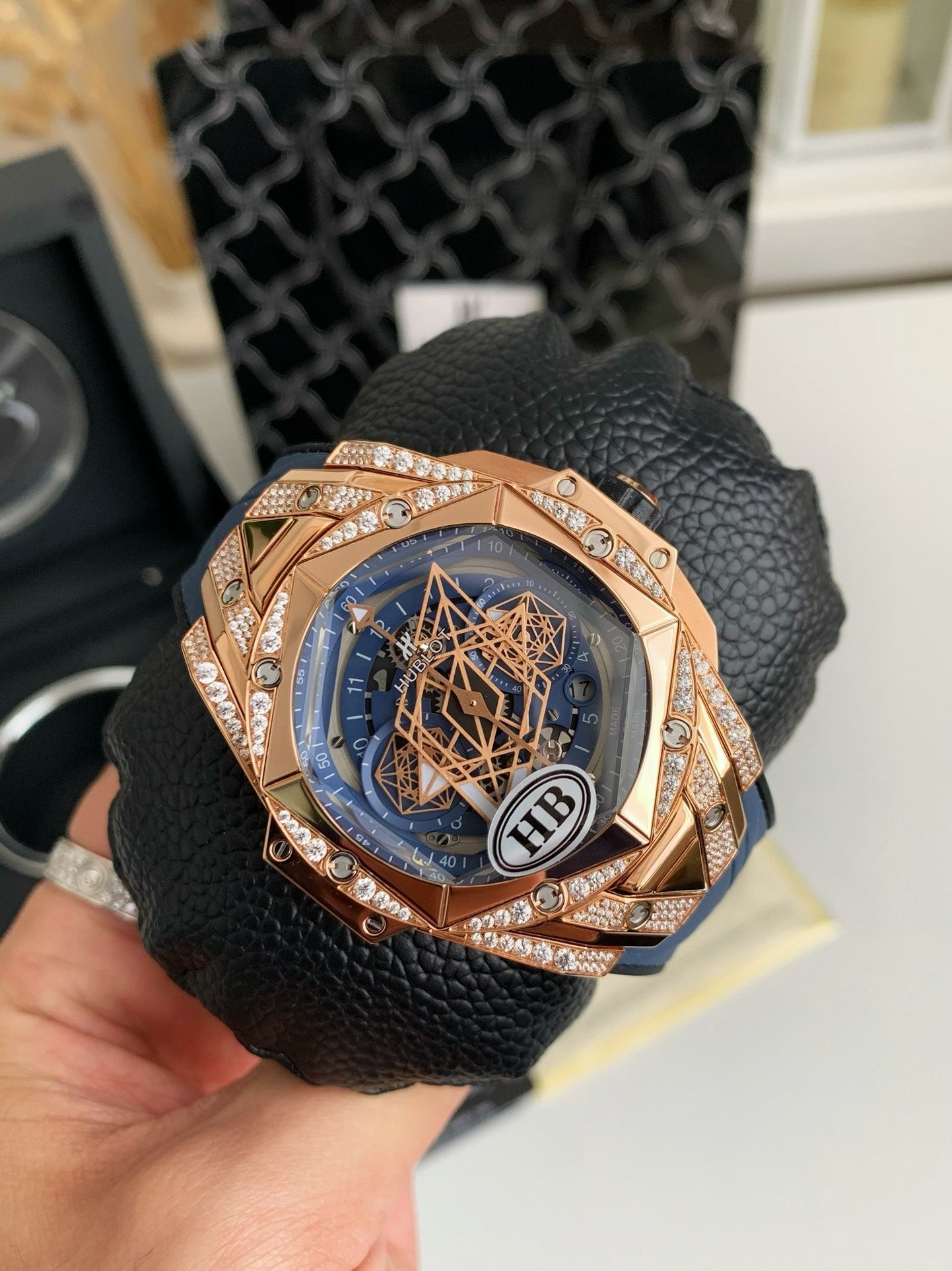 Tattoo Chronograph 45mm – Rose Gold Geometric Bezel, Skeleton Dial, Fluororubber Strap
