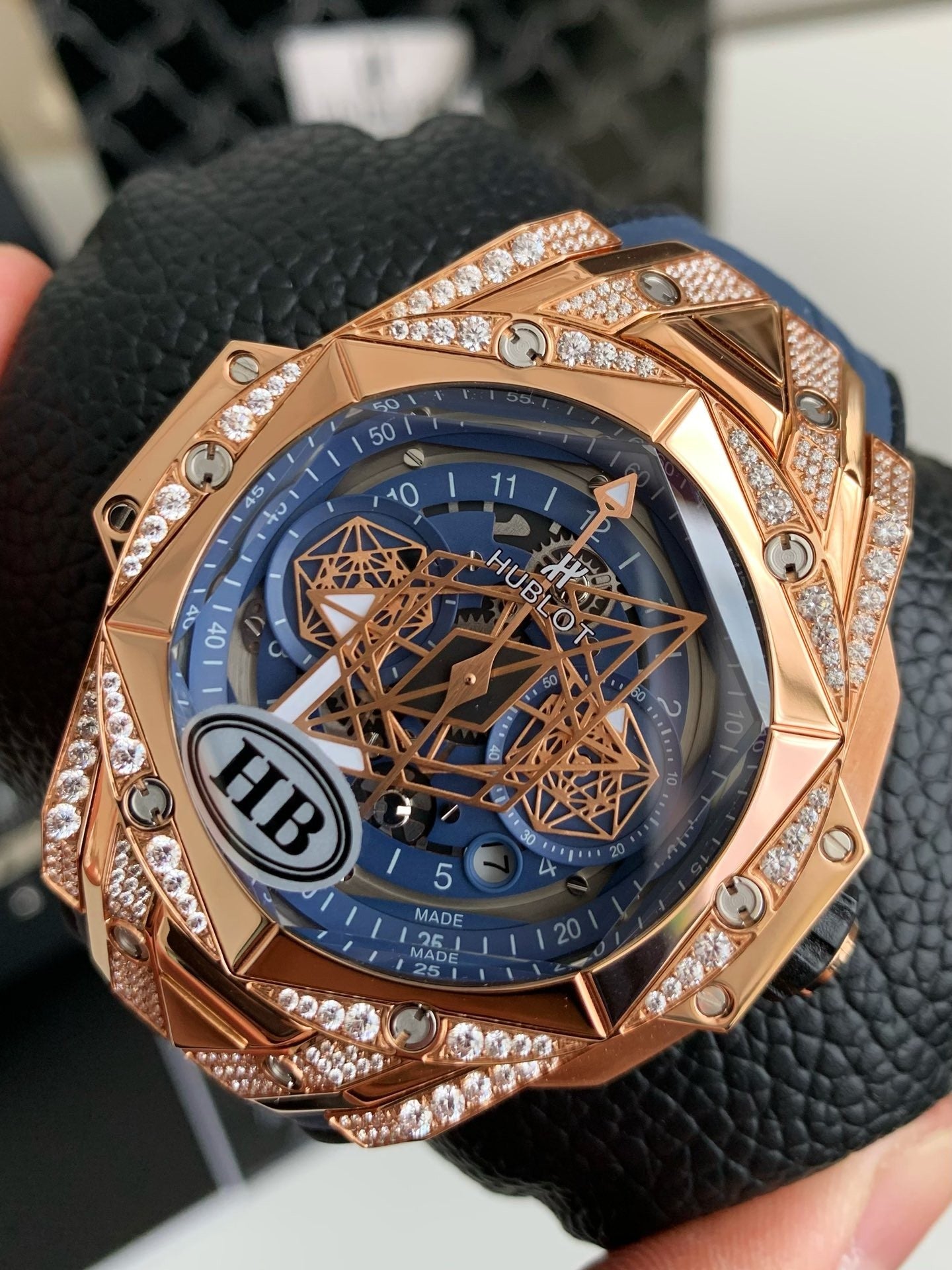 Tattoo Chronograph 45mm – Rose Gold Geometric Bezel, Skeleton Dial, Fluororubber Strap
