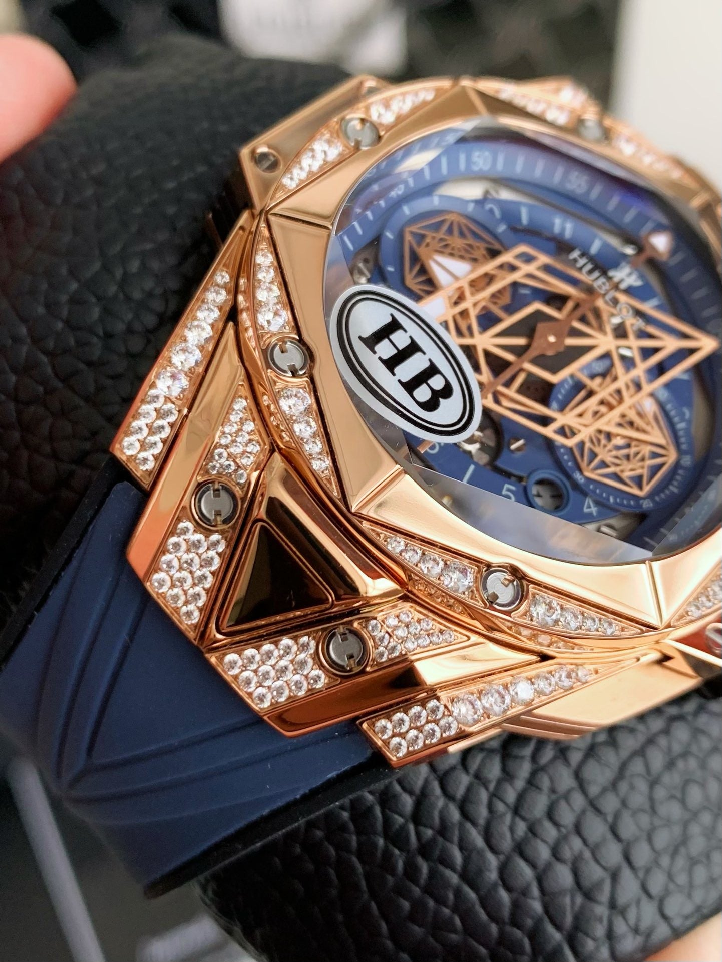 Tattoo Chronograph 45mm – Rose Gold Geometric Bezel, Skeleton Dial, Fluororubber Strap