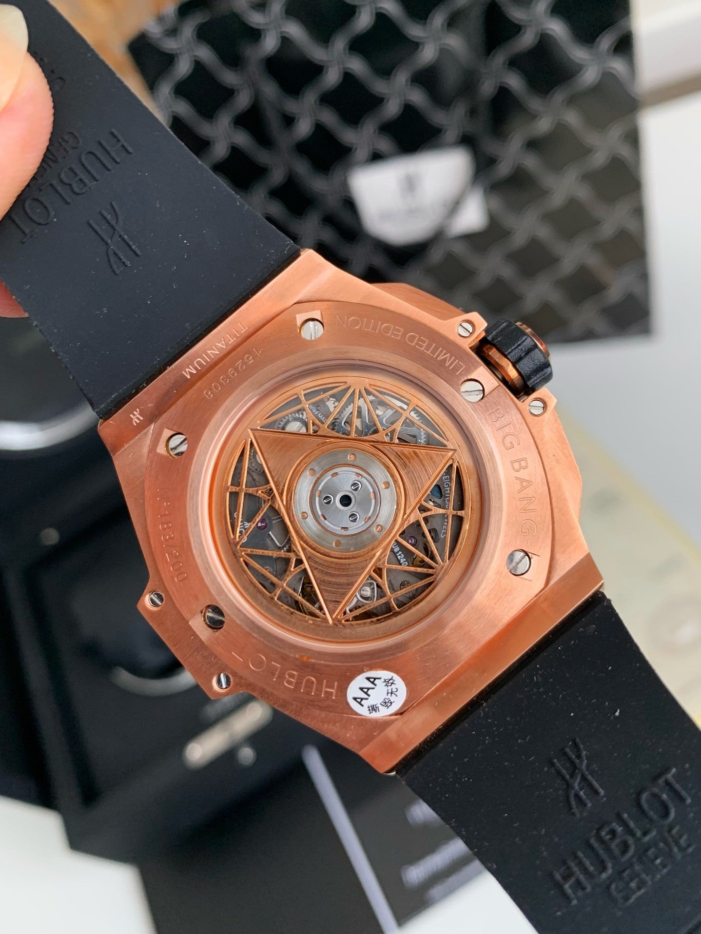 Tattoo Chronograph 45mm – Rose Gold Geometric Bezel, Skeleton Dial, Fluororubber Strap