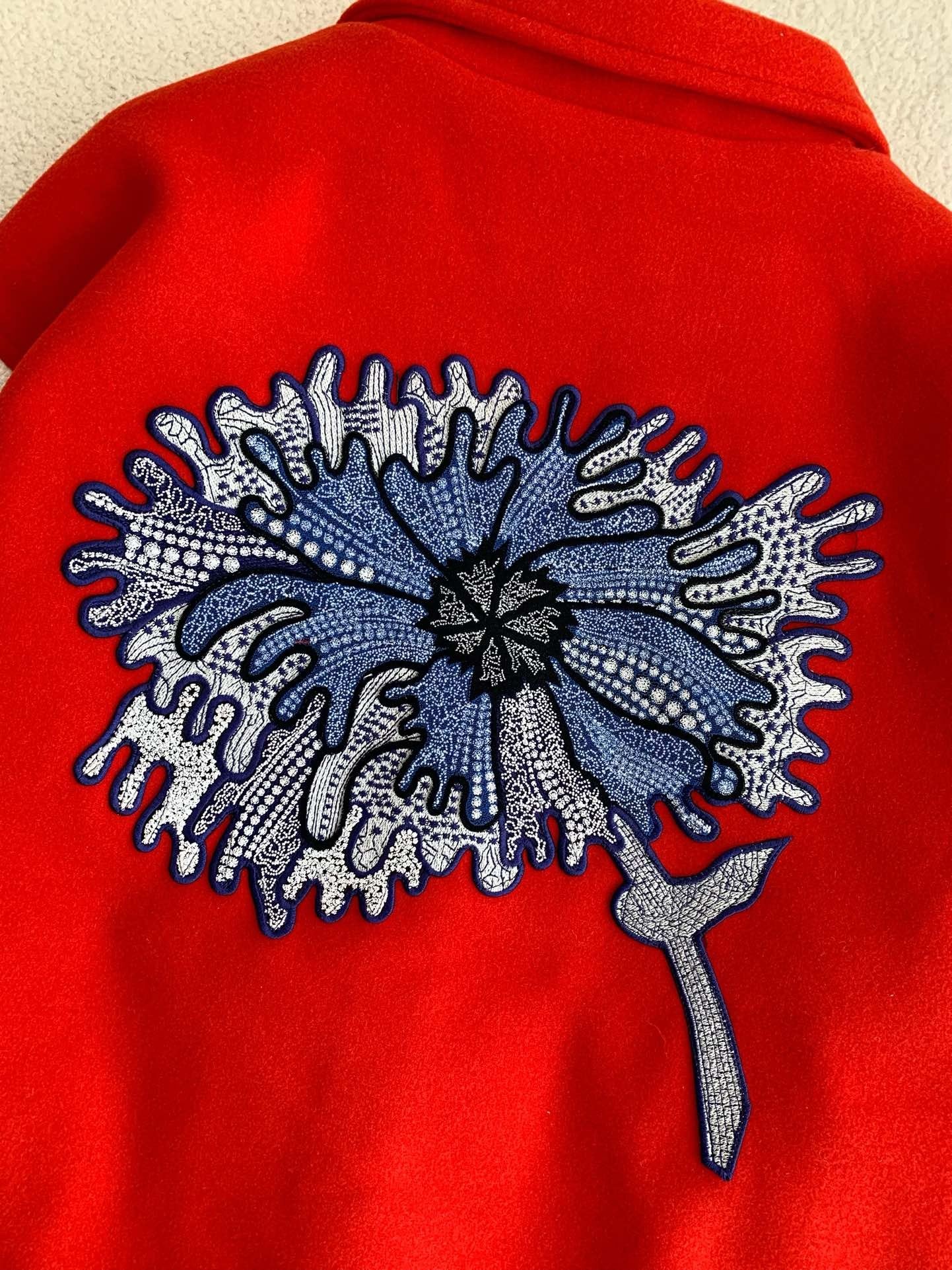 Red & White Flower Embroidered Varsity Jacket
