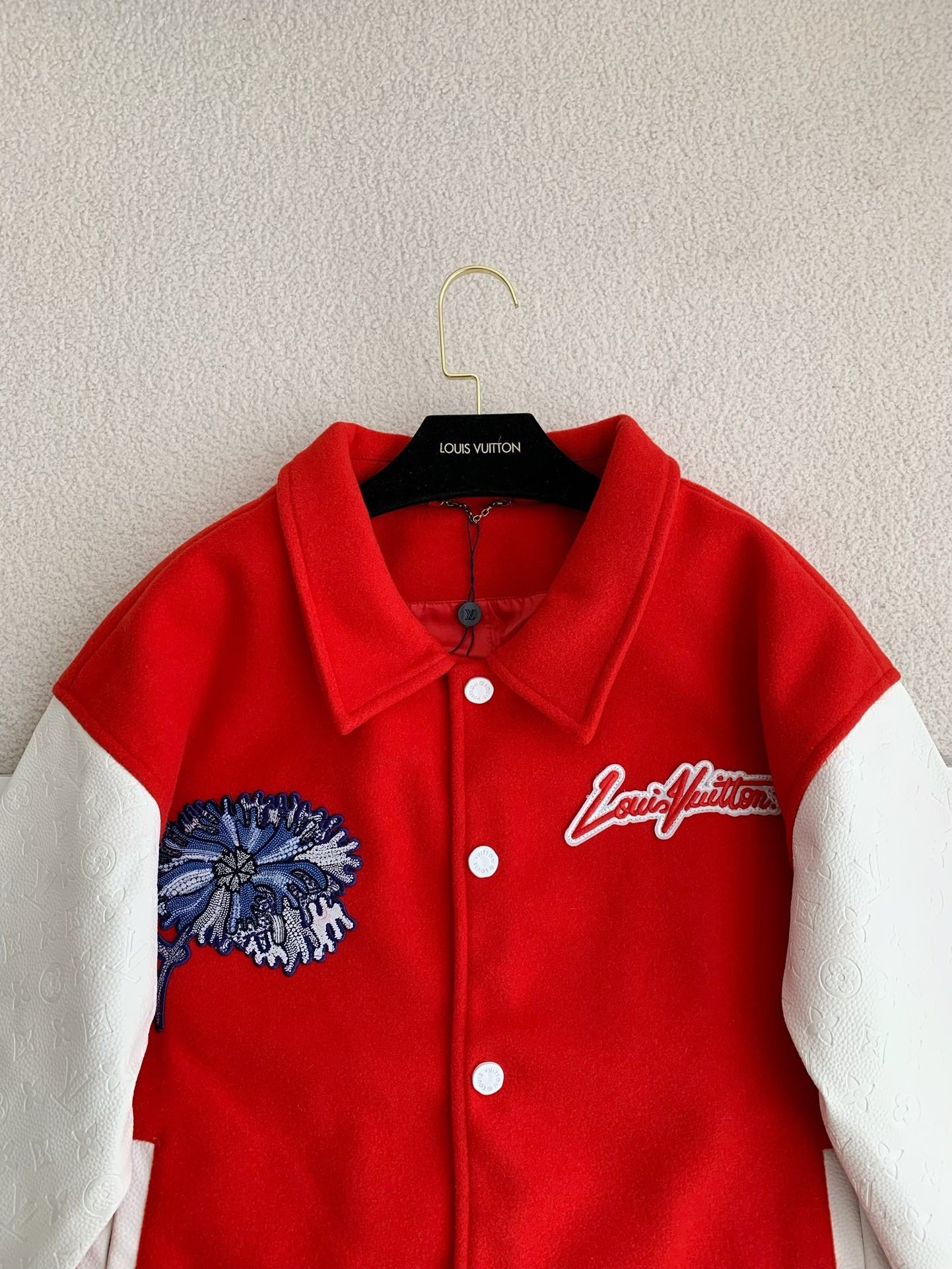 Red & White Flower Embroidered Varsity Jacket