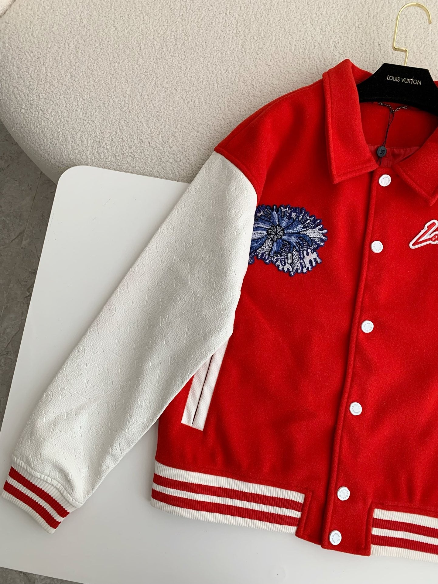 Red & White Flower Embroidered Varsity Jacket