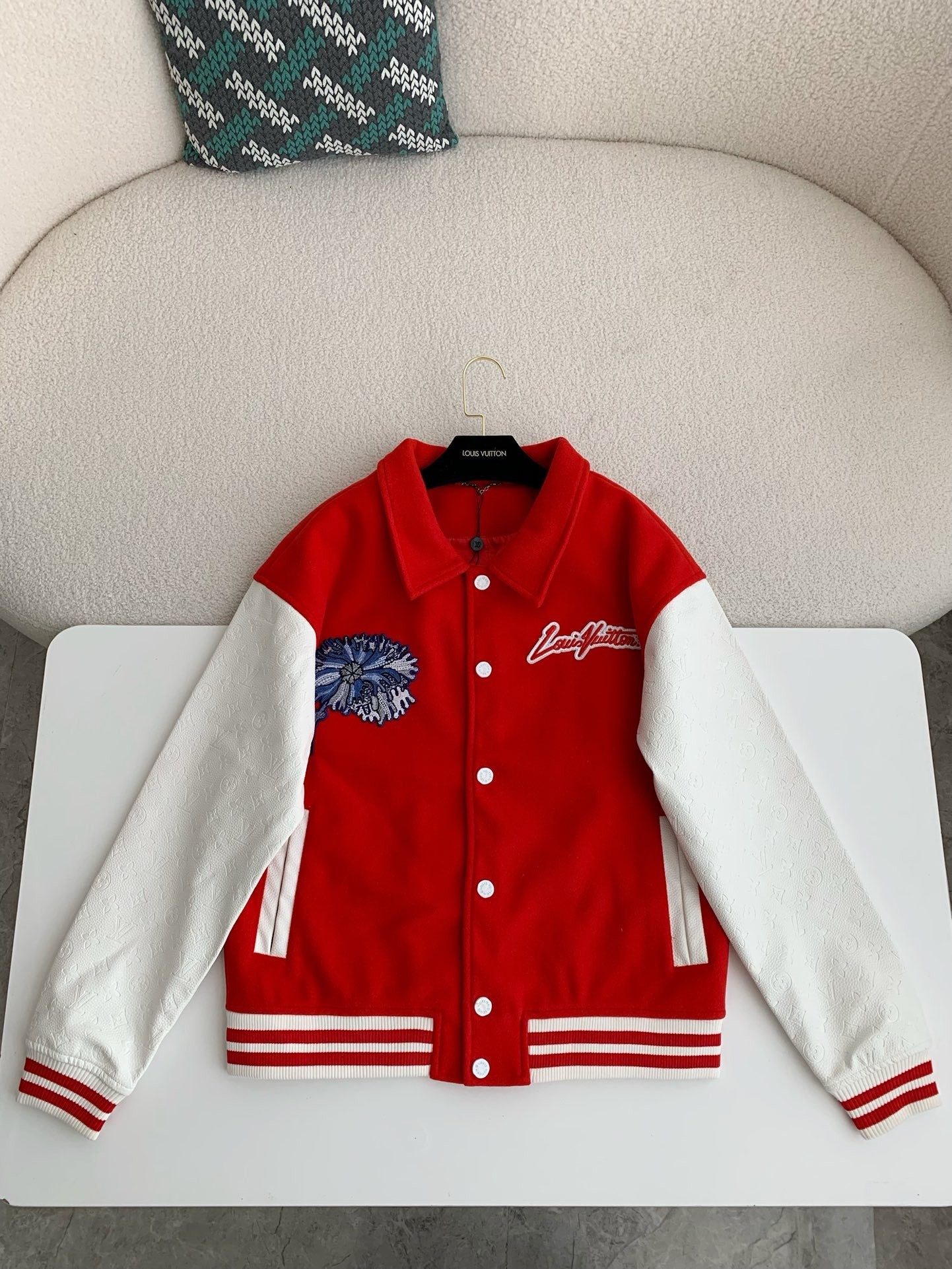 Red & White Flower Embroidered Varsity Jacket