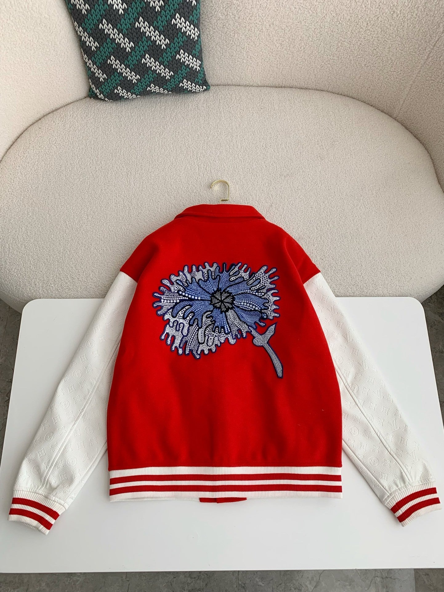 Red & White Flower Embroidered Varsity Jacket