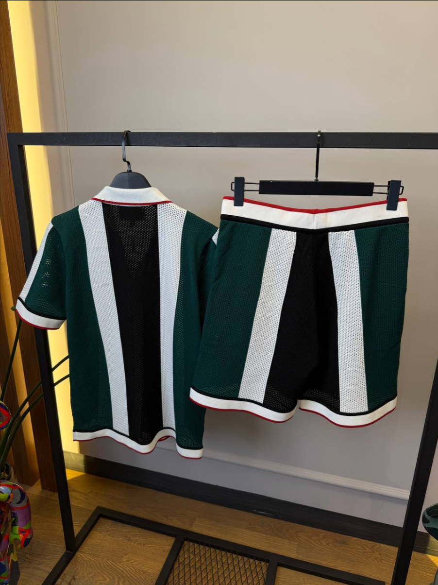 Striped Mesh Shirt & Shorts Set