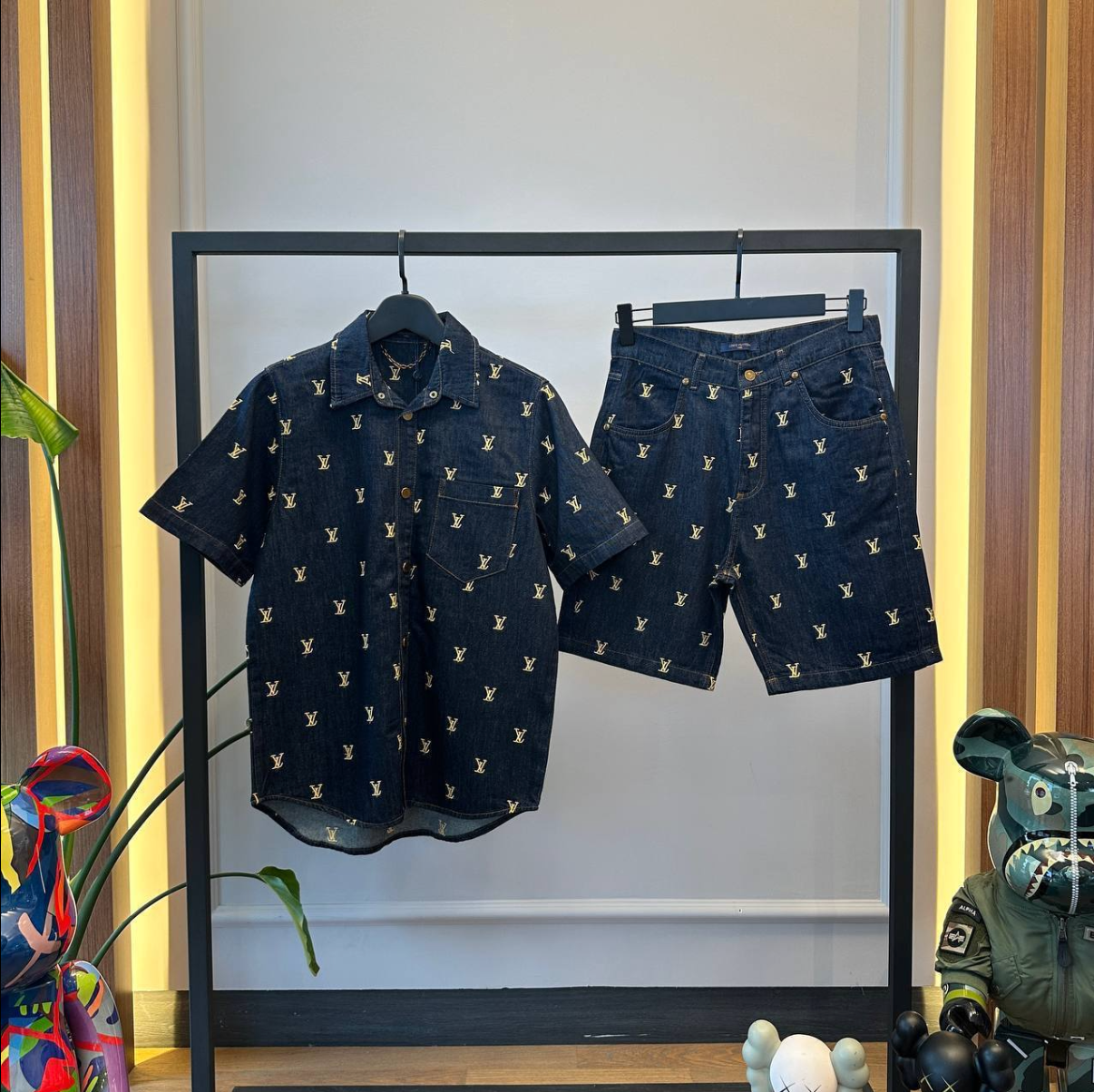 Monogram Embroidered Denim Shirt & Shorts Set