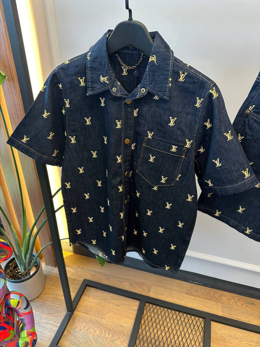 Monogram Embroidered Denim Shirt & Shorts Set