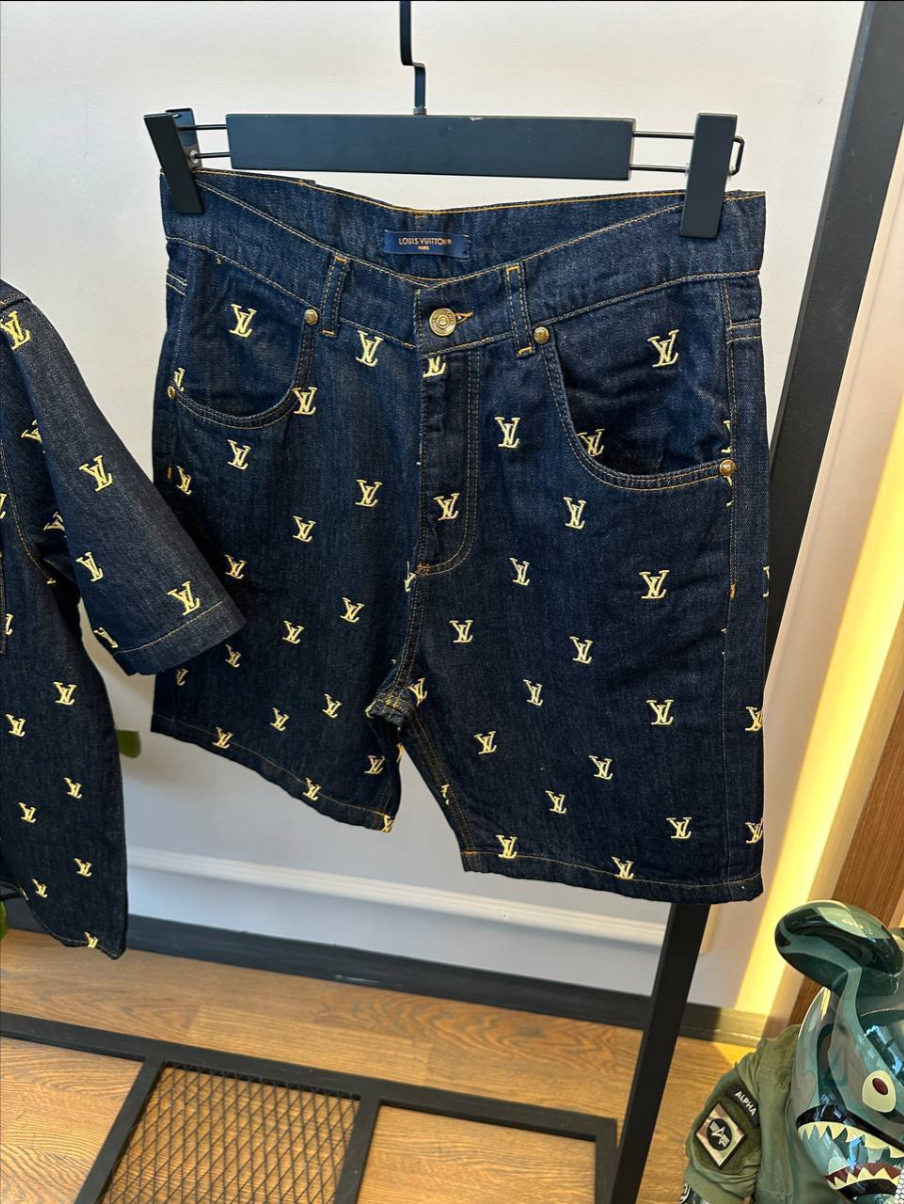 Monogram Embroidered Denim Shirt & Shorts Set