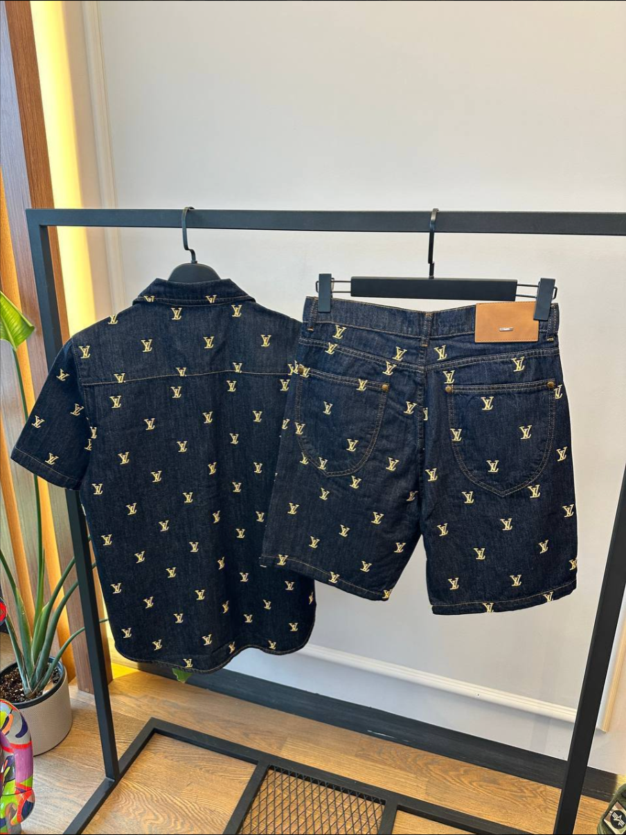 Monogram Embroidered Denim Shirt & Shorts Set
