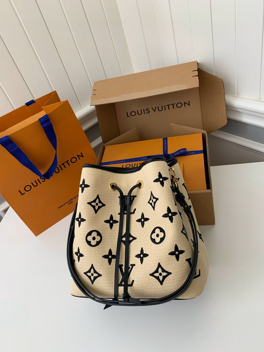 Monogram Embroidery Cotton Bucket Bag