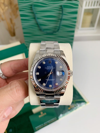 Datejust-Style Watch – Blue Dial with Diamond Markers, Stainless Steel, 41mm