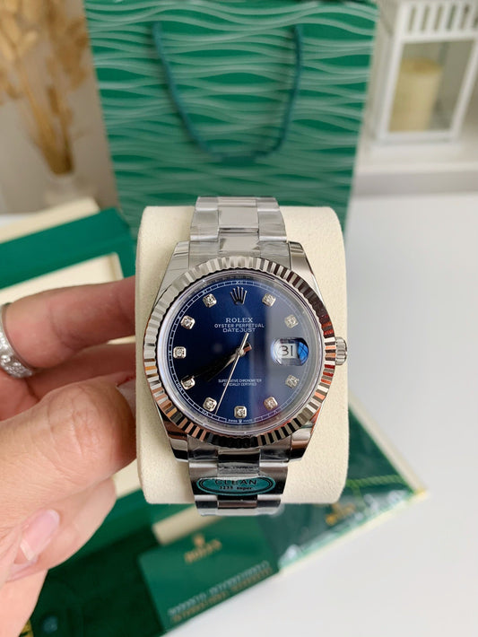 Datejust-Style Watch – Blue Dial with Diamond Markers, Stainless Steel, 41mm