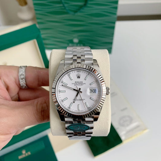 Datejust Style Watch – White Dial, Fluted Bezel, 41mm Stainless Steel