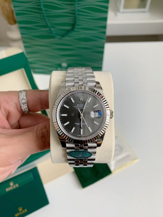 Datejust Style Watch – Slate Grey Dial, Fluted Bezel, 41mm Stainless Steel