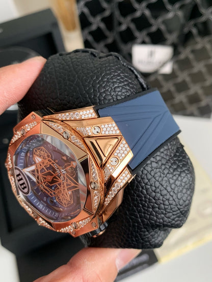 Tattoo Chronograph 45mm – Rose Gold Geometric Bezel, Skeleton Dial, Fluororubber Strap