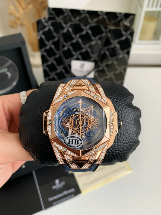 Tattoo Chronograph 45mm – Rose Gold Geometric Bezel, Skeleton Dial, Fluororubber Strap