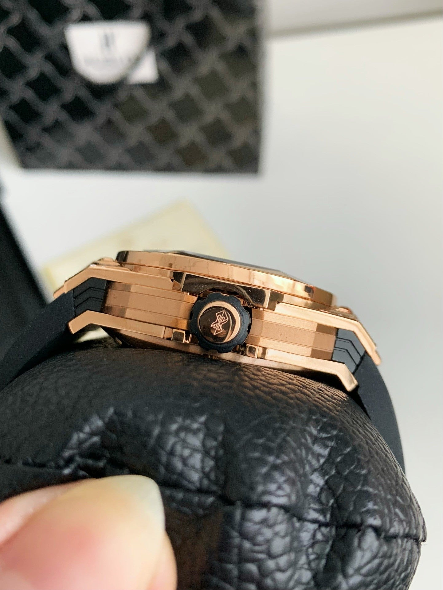 Tattoo Chronograph 45mm – Rose Gold Geometric Bezel, Skeleton Dial, Fluororubber Strap