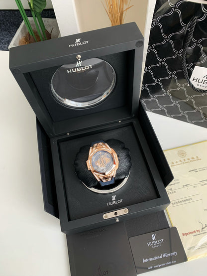 Tattoo Chronograph 45mm – Rose Gold Geometric Bezel, Skeleton Dial, Fluororubber Strap