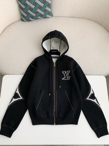 Black Hoodie Inlaid Flower Jacket