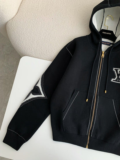 Black Hoodie Inlaid Flower Jacket