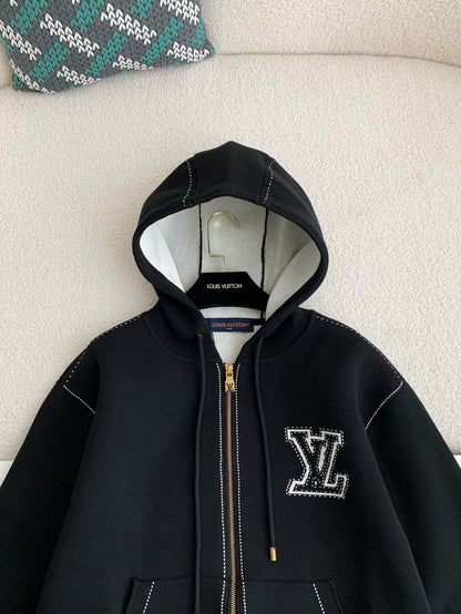 Black Hoodie Inlaid Flower Jacket
