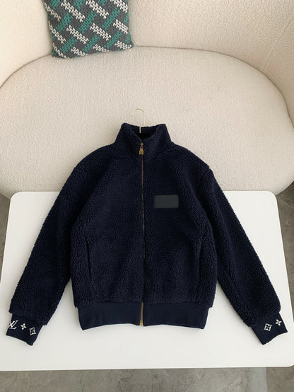 Embossed Logo Fleece Jacket – Navy Blue Zip-Up Style