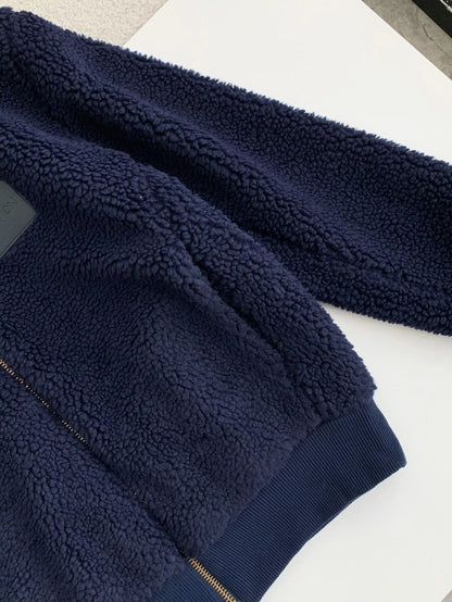 Embossed Logo Fleece Jacket – Navy Blue Zip-Up Style