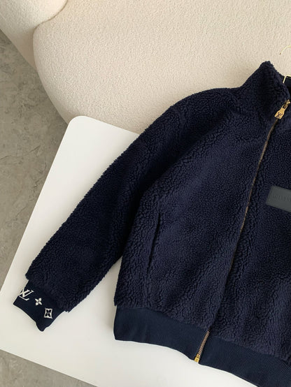 Embossed Logo Fleece Jacket – Navy Blue Zip-Up Style