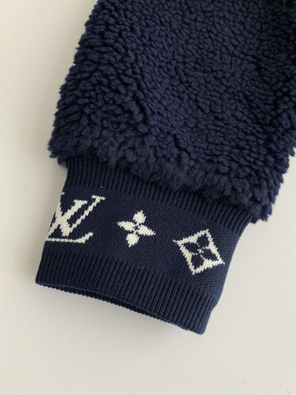 Embossed Logo Fleece Jacket – Navy Blue Zip-Up Style