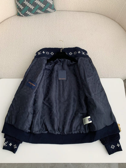 Embossed Logo Fleece Jacket – Navy Blue Zip-Up Style