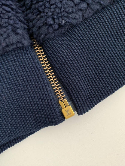 Embossed Logo Fleece Jacket – Navy Blue Zip-Up Style