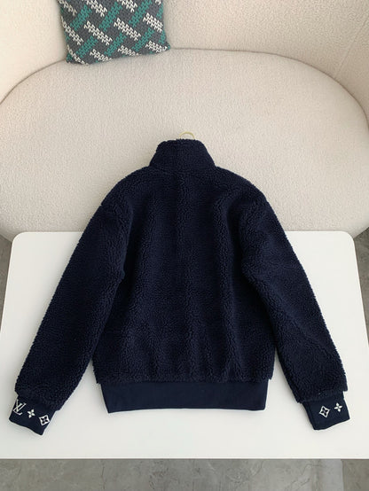 Embossed Logo Fleece Jacket – Navy Blue Zip-Up Style