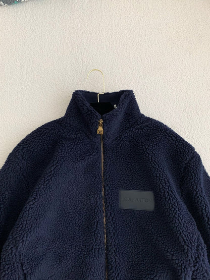 Embossed Logo Fleece Jacket – Navy Blue Zip-Up Style