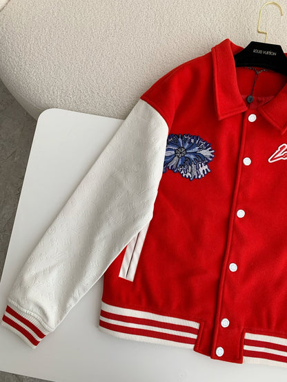 Red & White Flower Embroidered Varsity Jacket