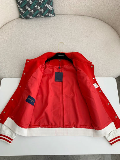 Red & White Flower Embroidered Varsity Jacket