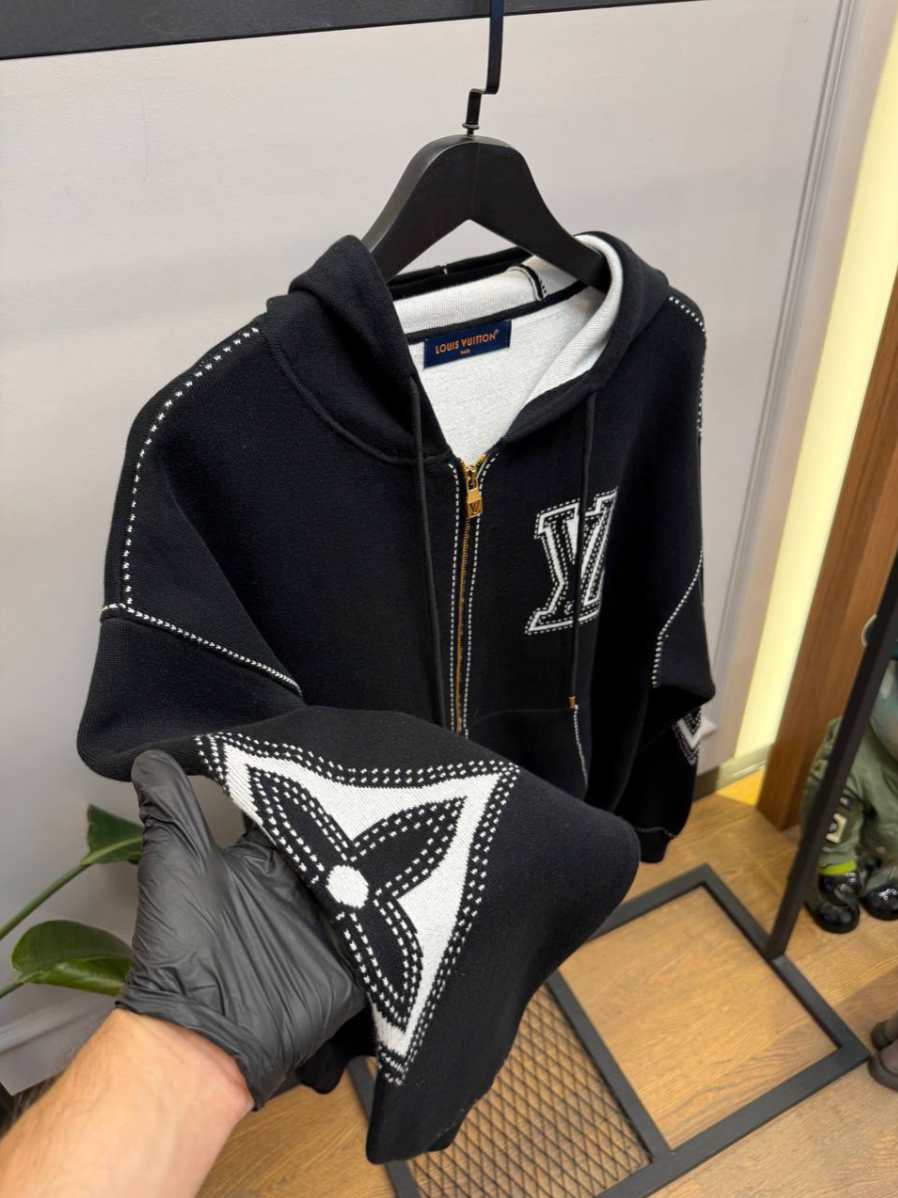 Graphic Intarsia Zipped Cotton Hoodie