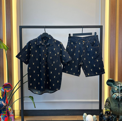 Monogram Embroidered Denim Shirt & Shorts Set