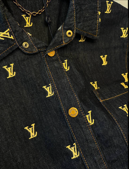 Monogram Embroidered Denim Shirt & Shorts Set