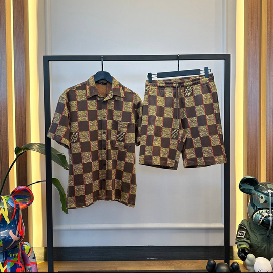 Checkered Pattern Short Sleeve Shirt & Shorts Set