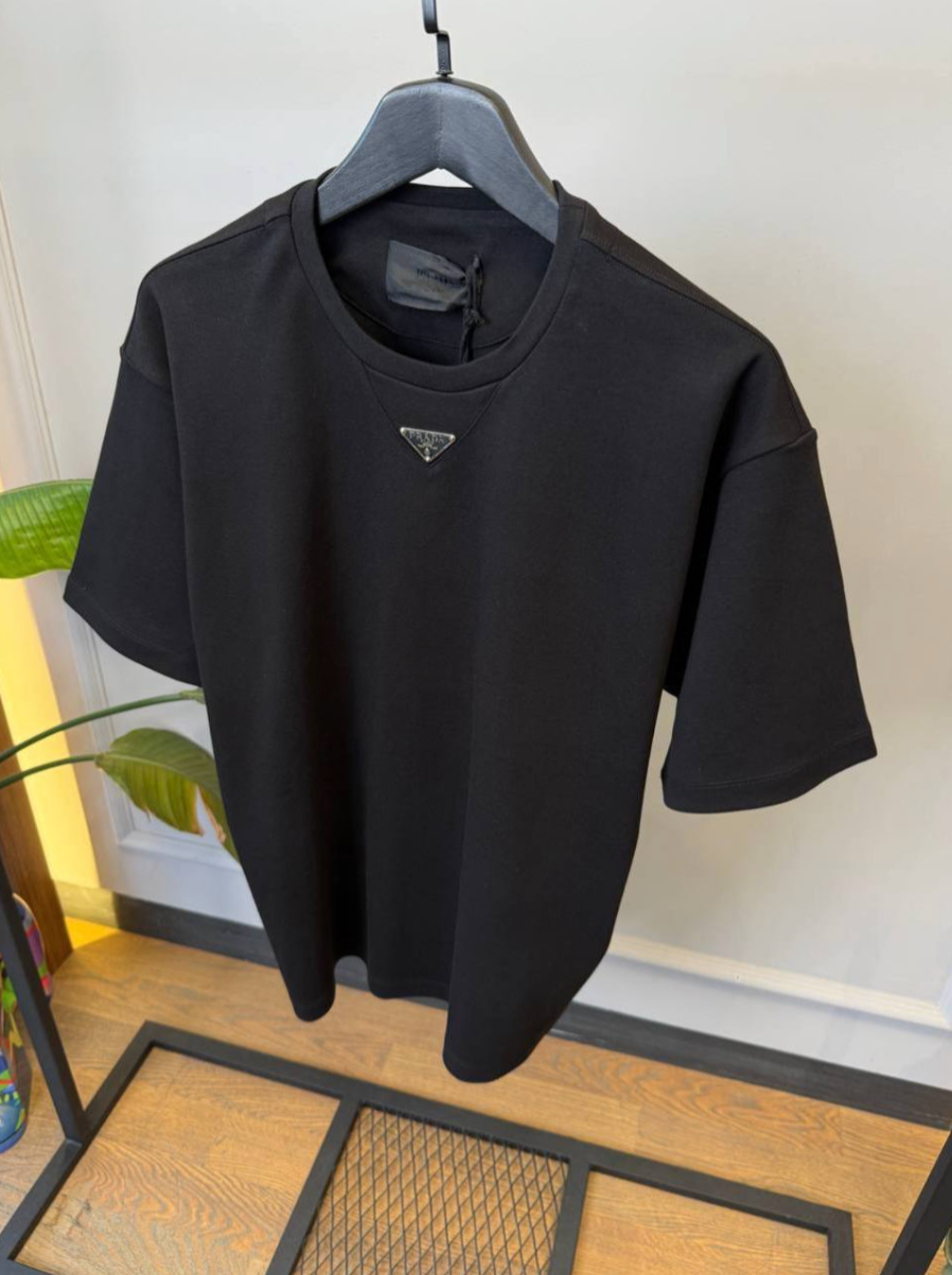 Black Interlock Jersey T-Shirt with Enamel Triangle Logo