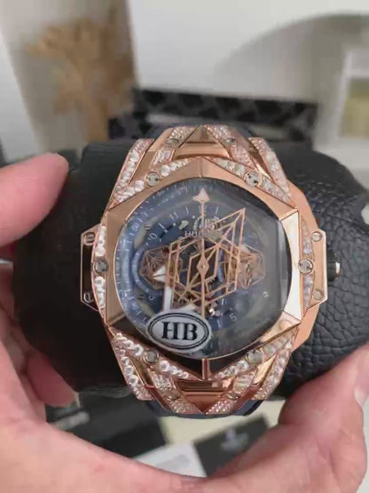 Tattoo Chronograph 45mm – Rose Gold Geometric Bezel, Skeleton Dial, Fluororubber Strap